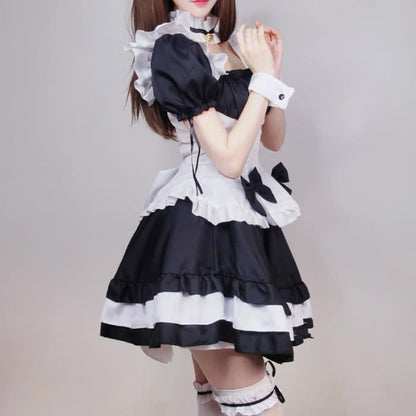 Black Sweet Off Shoulder Bow Knot Lace Up Maid Dress