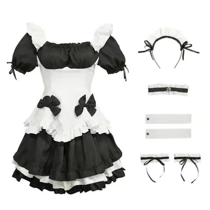 Black Sweet Off Shoulder Bow Knot Lace Up Maid Dress