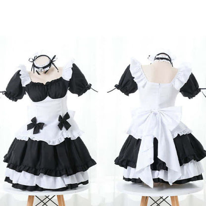 Black Sweet Off Shoulder Bow Knot Lace Up Maid Dress