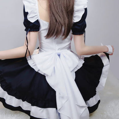 Black Sweet Off Shoulder Bow Knot Lace Up Maid Dress