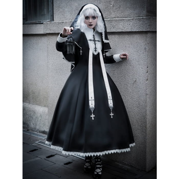 Black White Cross Embroidery Lolita Cape Dress Set