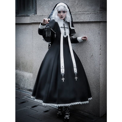 Black White Cross Embroidery Lolita Cape Dress Set