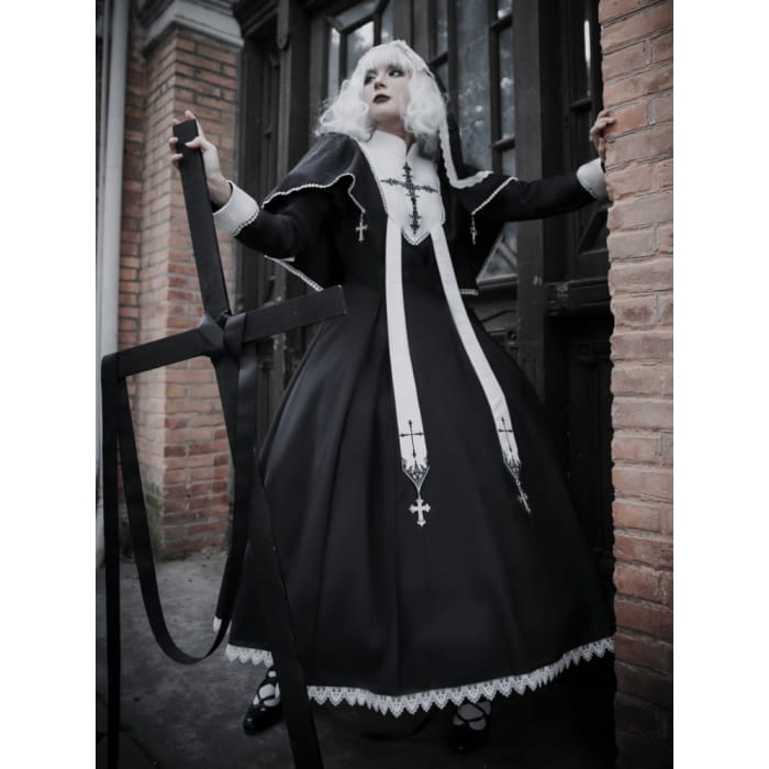 Black White Cross Embroidery Lolita Cape Dress Set