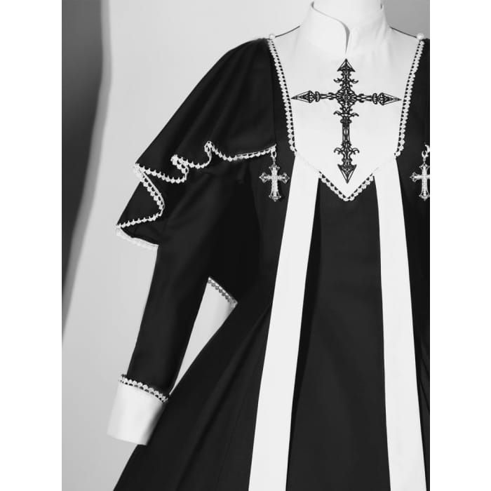 Black White Cross Embroidery Lolita Cape Dress Set