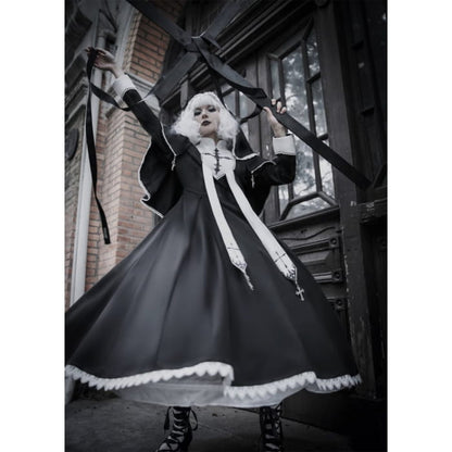 Black White Cross Embroidery Lolita Cape Dress Set