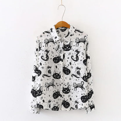 Black White Kitty Print Lapel Chiffon Shirt - M