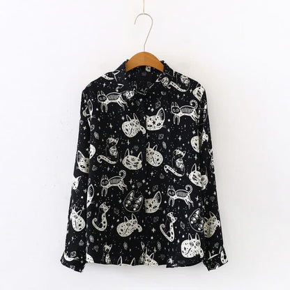 Black White Kitty Print Lapel Chiffon Shirt - M