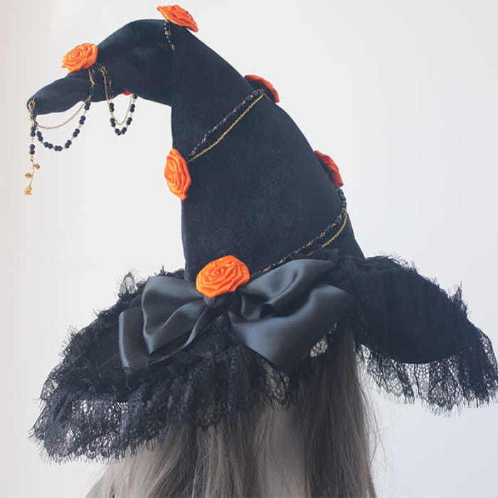 Black Witch Gothic Rose Decor Lace Hat - Orange / One Size
