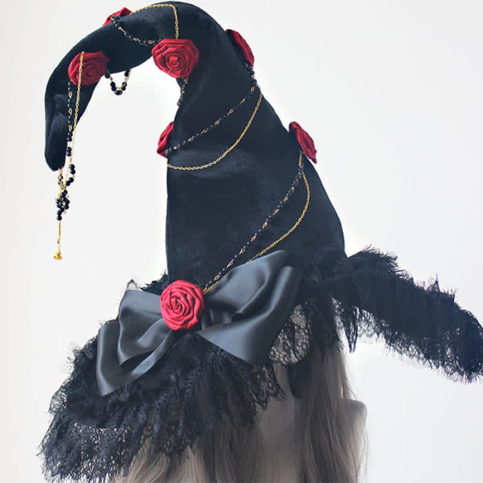 Black Witch Gothic Rose Decor Lace Hat - Red / One Size