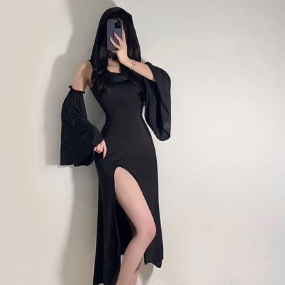 Black Witch Sleeveless Hooded Split Dress - One Size