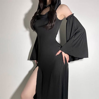 Black Witch Sleeveless Hooded Split Dress - One Size