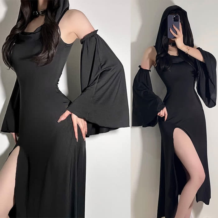 Black Witch Sleeveless Hooded Split Dress - One Size