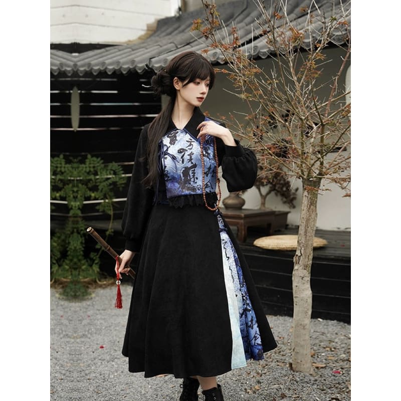 Black with Blue Chinese Cheongsam Dress - S - Modern Hanfu