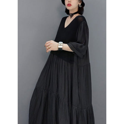 Black Wrinkled Vacation Long Dresses Half Sleeve VB1003