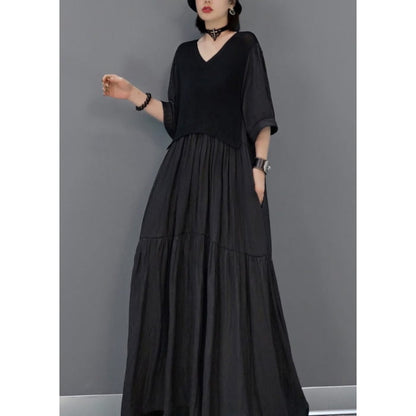 Black Wrinkled Vacation Long Dresses Half Sleeve VB1003