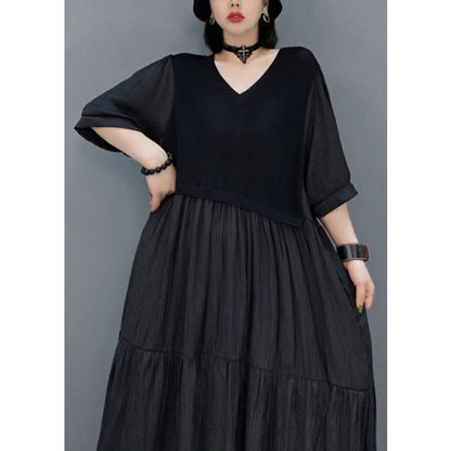 Black Wrinkled Vacation Long Dresses Half Sleeve VB1003