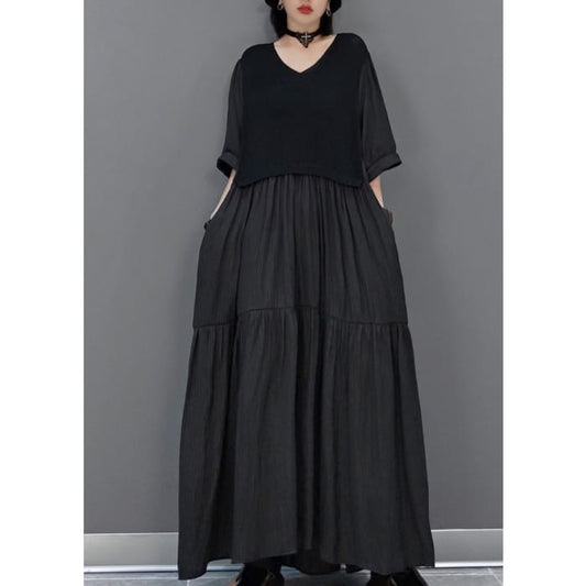 Black Wrinkled Vacation Long Dresses Half Sleeve VB1003