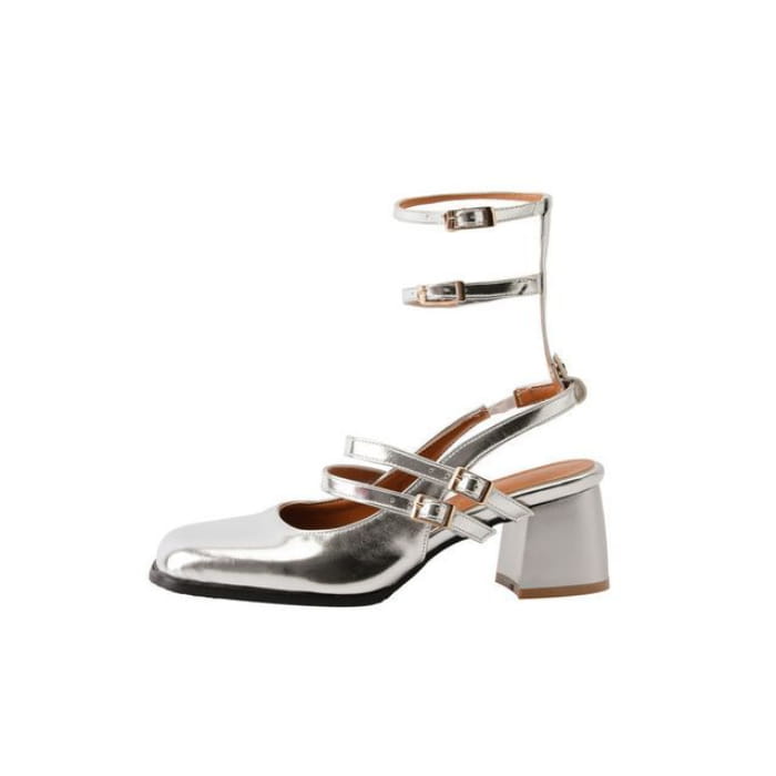 Block Heel Plain Sandals - Silver / 32