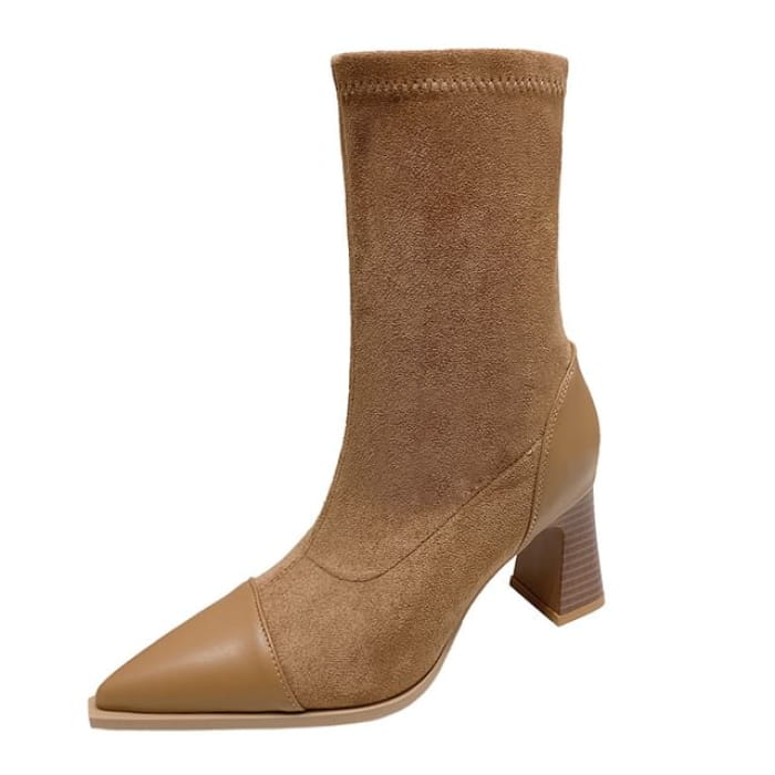 Block Heel Pointy Mid Calf Boots - Almond / 35