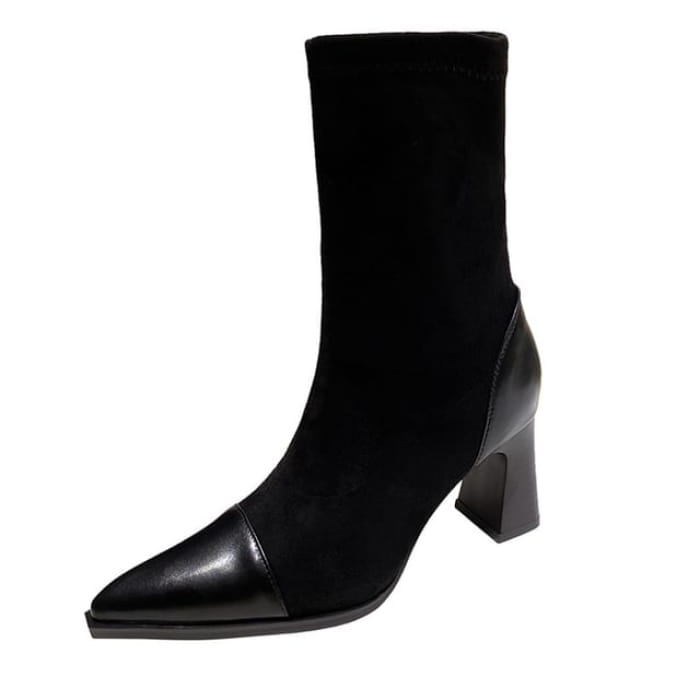 Block Heel Pointy Mid Calf Boots - Black / 35