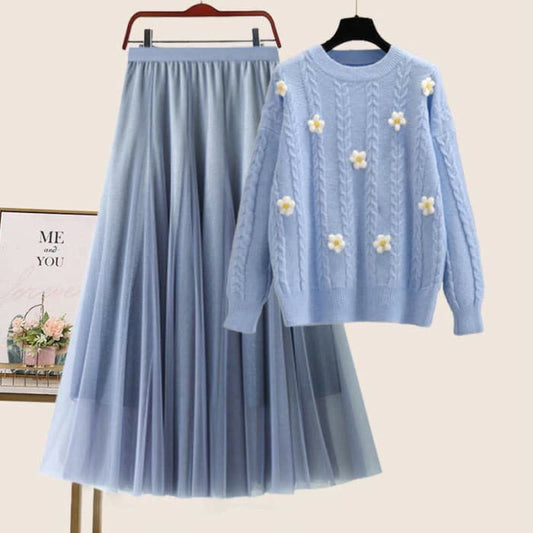 Blossom Decor Sweater Tulle Skirt
