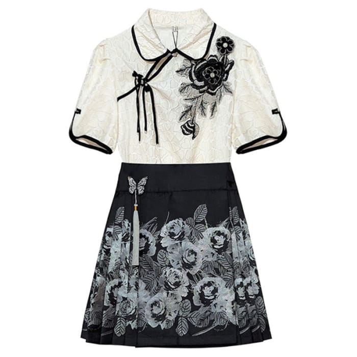 Blossom Shirt Black Flower Print Skirt Set - S
