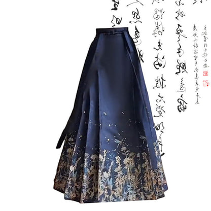 Blue Bow Print T-Shirt Vintage Pleated Skirt - Long / M