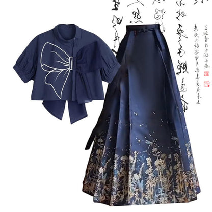 Blue Bow Print T-Shirt Vintage Pleated Skirt - Shirt + Long