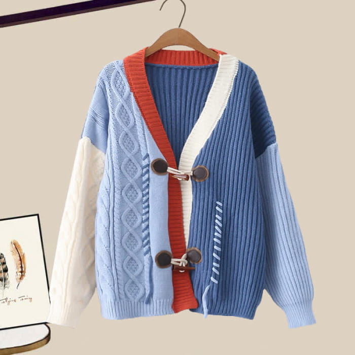 Blue Cardigan Sweater Lapel Shirt Casual Pants - M