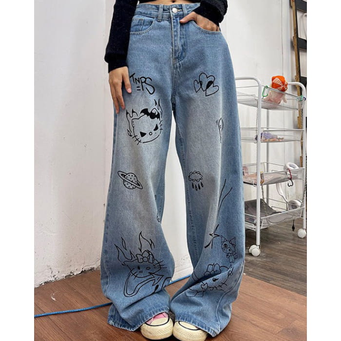 Blue Cat Print Jeans