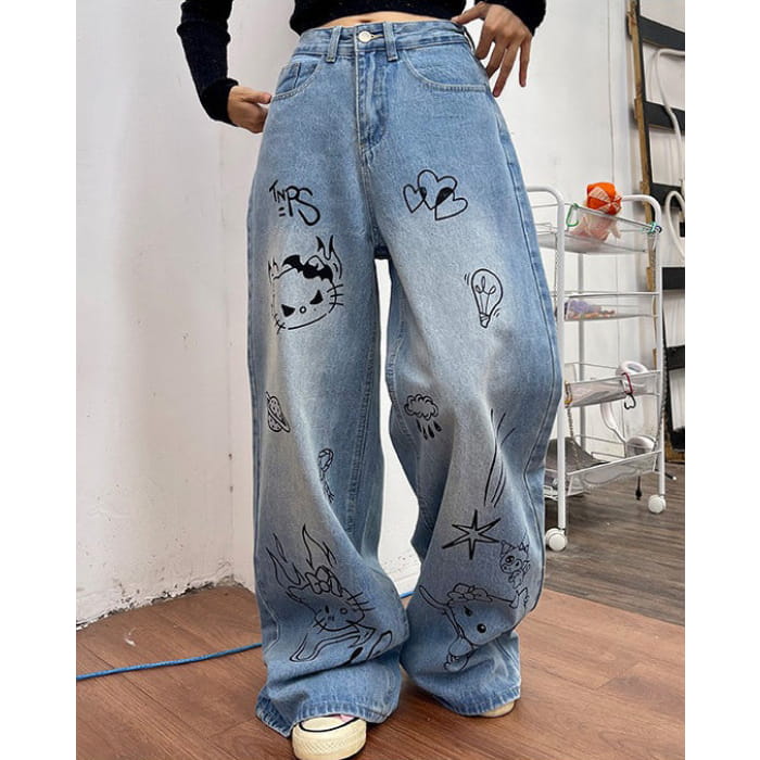 Blue Cat Print Jeans