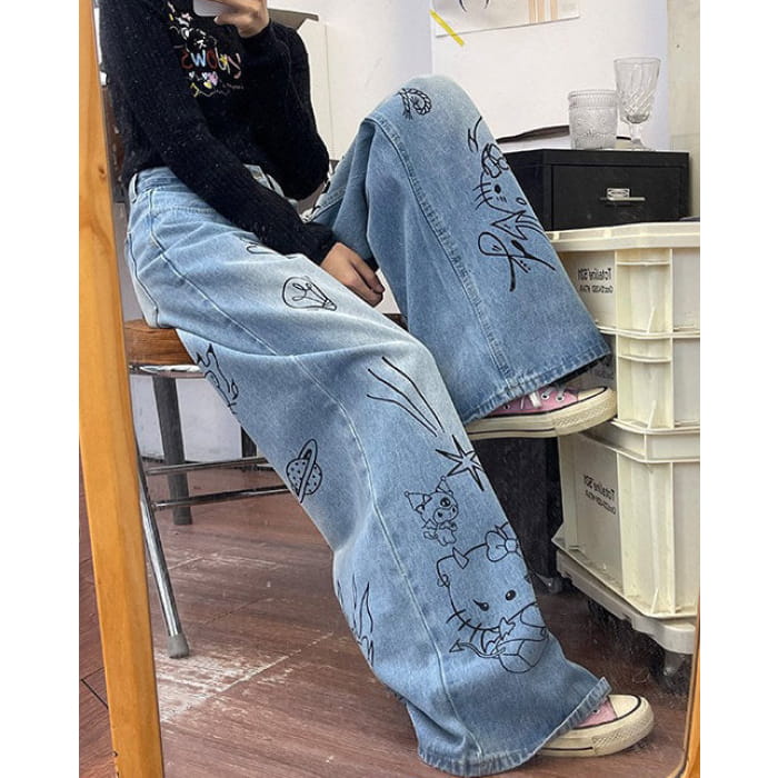 Blue Cat Print Jeans