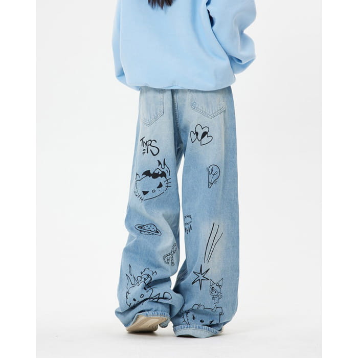 Blue Cat Print Jeans