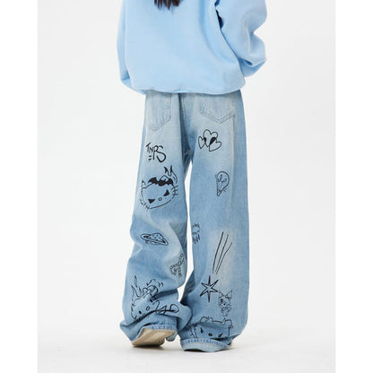 Blue Cat Print Jeans