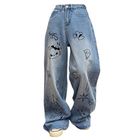 Blue Cat Print Jeans - S