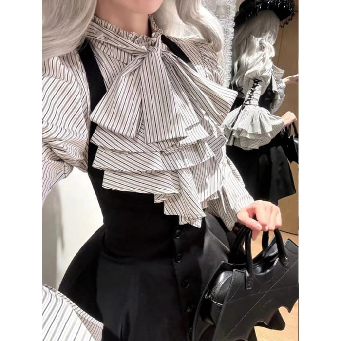 Blue Collar Layered Bell Sleeves Lolita Striped Shirt