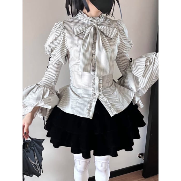 Blue Collar Layered Bell Sleeves Lolita Striped Shirt