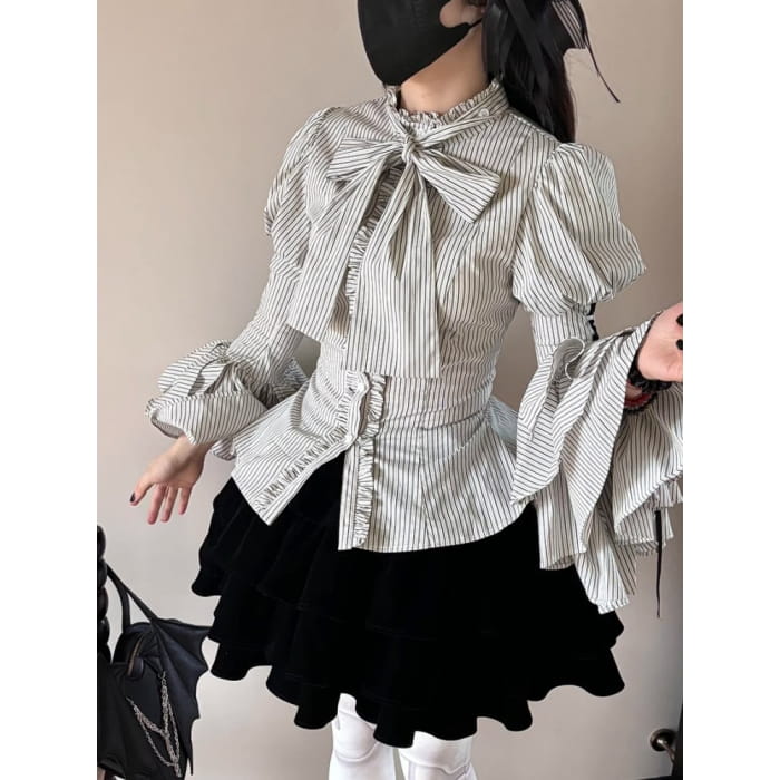 Blue Collar Layered Bell Sleeves Lolita Striped Shirt