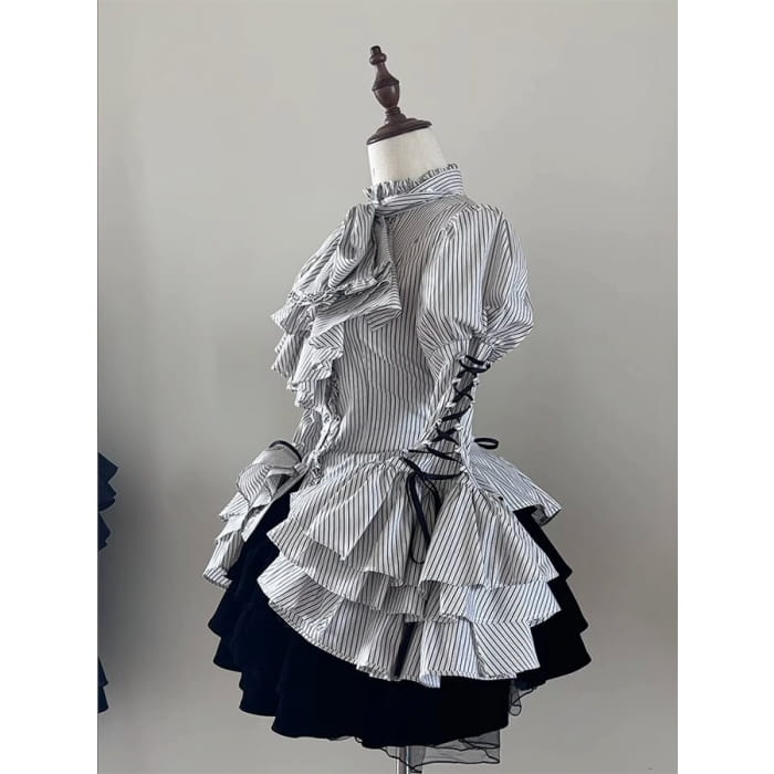 Blue Collar Layered Bell Sleeves Lolita Striped Shirt