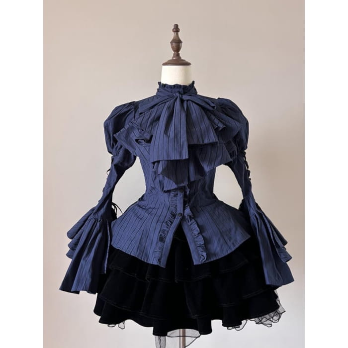 Blue Collar Layered Bell Sleeves Lolita Striped Shirt