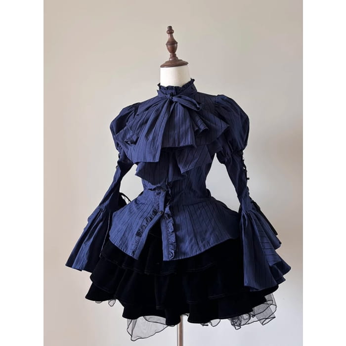 Blue Collar Layered Bell Sleeves Lolita Striped Shirt