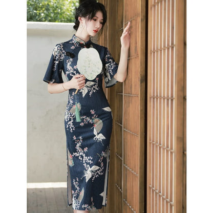 Blue Crane Elegant Cheongsam - Female Hanfu