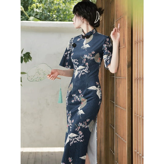 Blue Crane Elegant Cheongsam - S - Female Hanfu