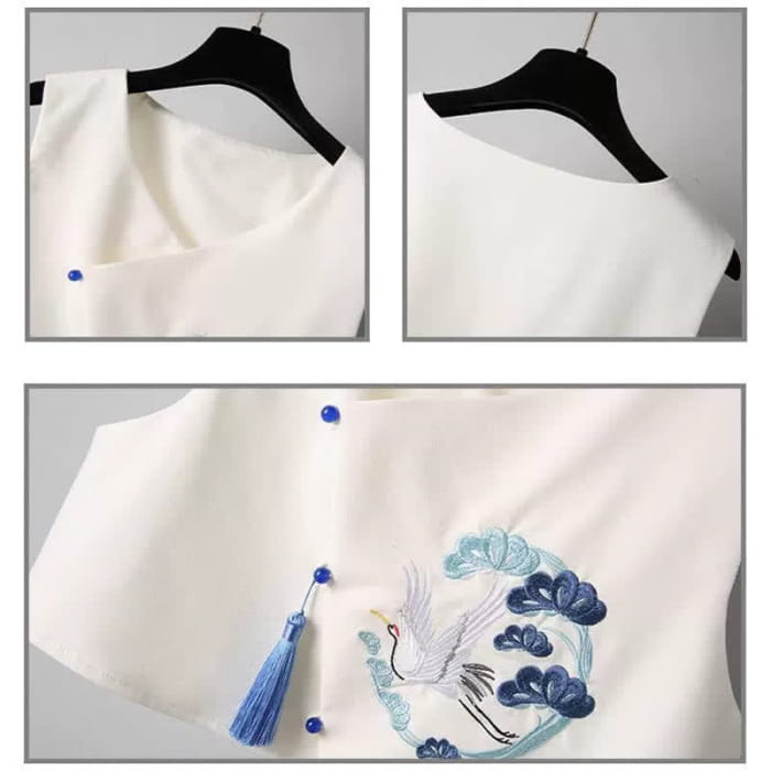 Blue Crane Embroidery Fringed Vest Lapel Dress Set