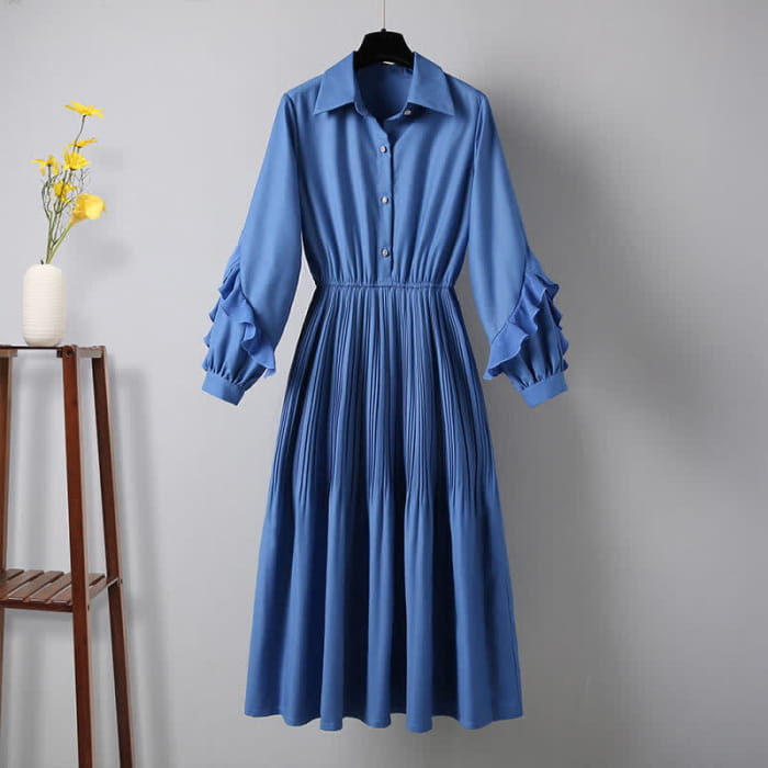 Blue Crane Embroidery Fringed Vest Lapel Dress Set - M