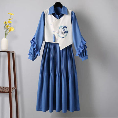 Blue Crane Embroidery Fringed Vest Lapel Dress Set - M