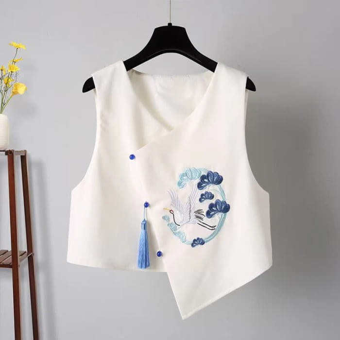 Blue Crane Embroidery Fringed Vest Lapel Dress Set - M
