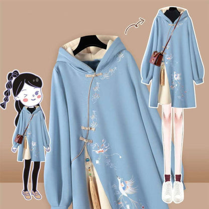 Blue Embroidery Loose Hoodie Vintage Sweatshirt Dress