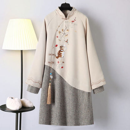 Blue Embroidery Loose Hoodie Vintage Sweatshirt Dress