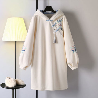 Blue Embroidery Loose Hoodie Vintage Sweatshirt Dress